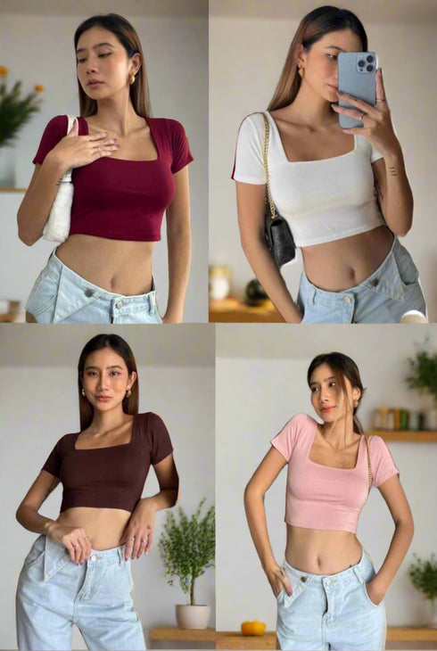Long Sleeves Square Neck Crop Tops
